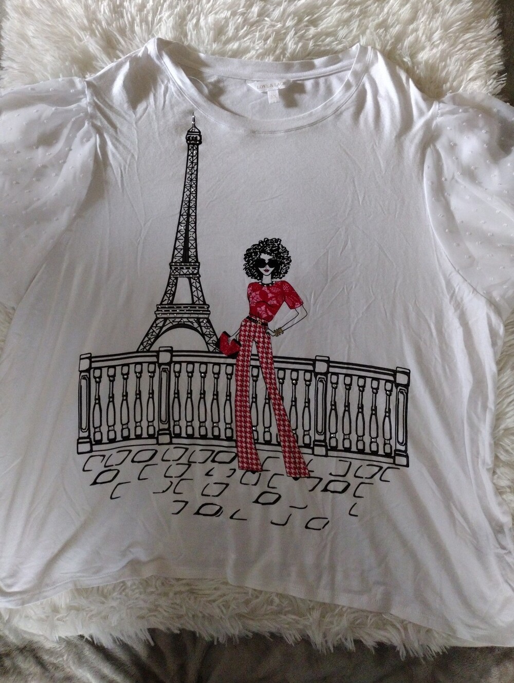 Graphic Eiffel Tower Tee with Red Accent And Stones